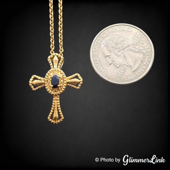 STS Karis Dark Blue Sapphire Religious Cross Gold Plated Pendant Necklace - Picture 8 of 13